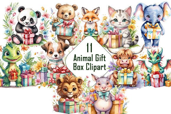Download Watercolor Animal with Gift Box Clipart. - Premium Bundle
